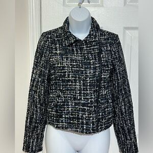 Express Black White Blue Metallic Sparkle Tweed Moto Jacket Coat Size Small